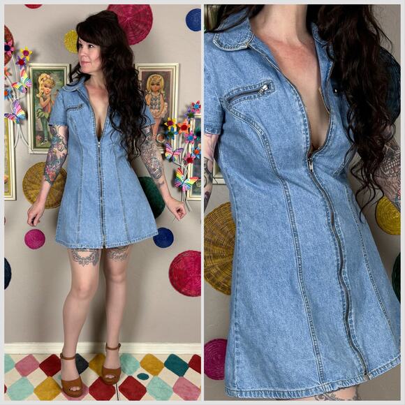 Vintage 1990s Light Wash Denim Short Sleeve Zipper Front Minidress - Picture 1 of 8